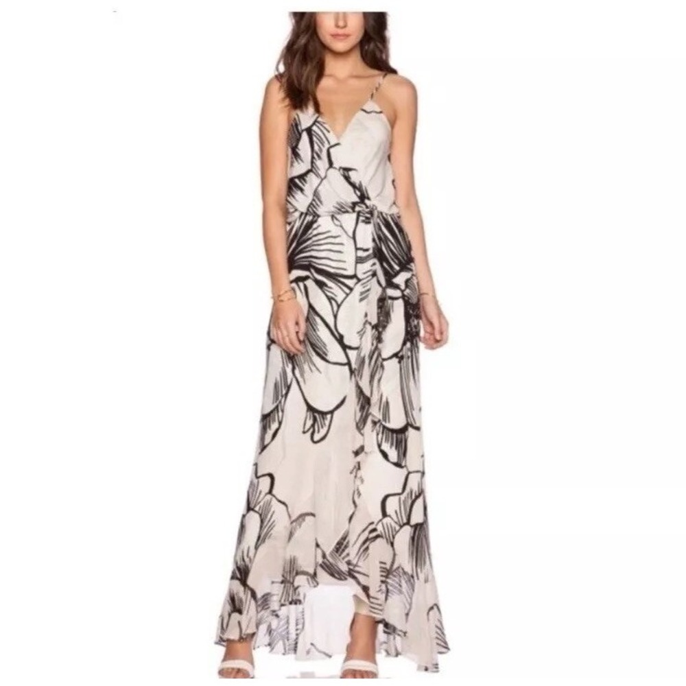 Parker Silk Floral Halle Maxi Dress Cream Black Ruffle High Low Faux Wrap XS